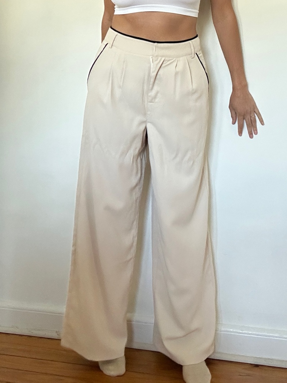 Wide-Leg High-Rise Trouser Pants in Beige with Black Trim
